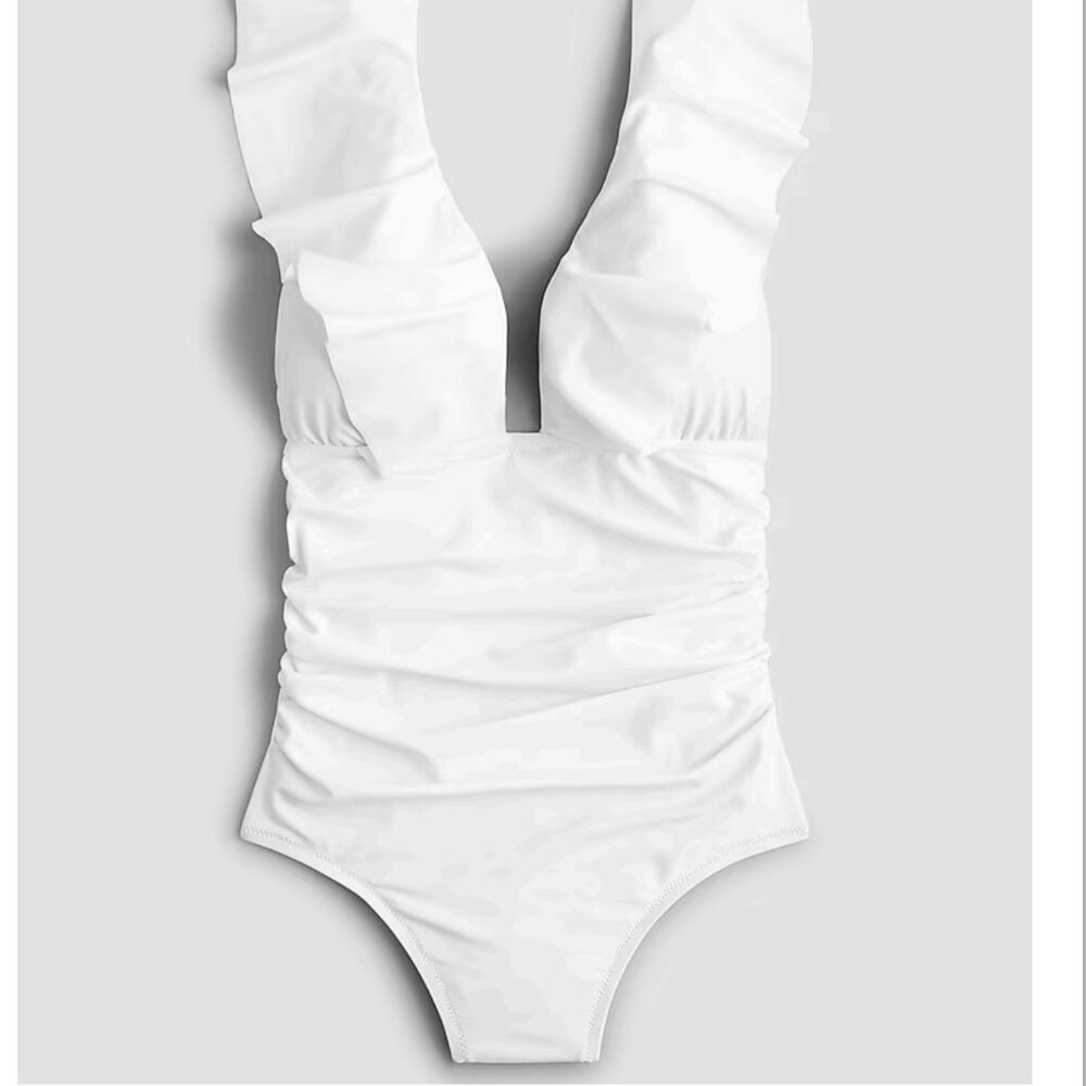 J. Crew Ruched White Ruffle One-Piece Swimsuit NWOT 14